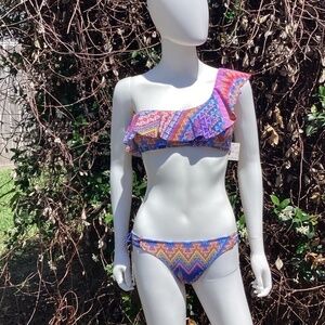 NWT TiniBikini Swimwear 2 Piece Southwestern Print One Shoulder Ruffle